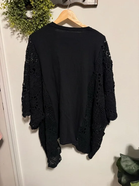 Upcycled Johnny Cash Black Graphic Tee with Crochet Cardigan Sleeves - Picture 4 of 4